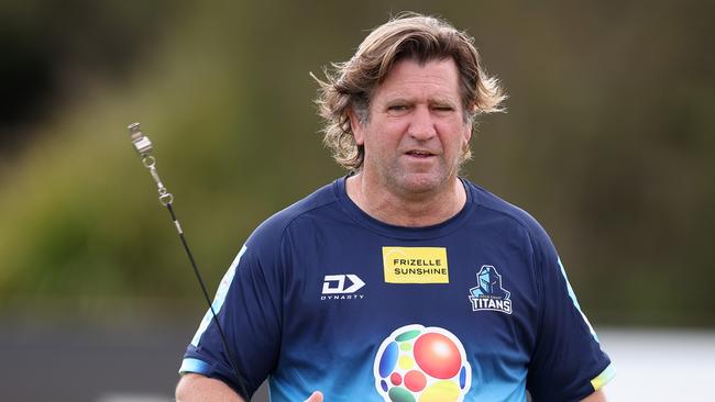 GOLD COAST, AUSTRALIA - NOVEMBER 07: Head Coach Des Hasler looks on during a Gold Coast Titans NRL training session at Parkwood Village on November 07, 2023 in Gold Coast, Australia. (Photo by Chris Hyde/Getty Images)