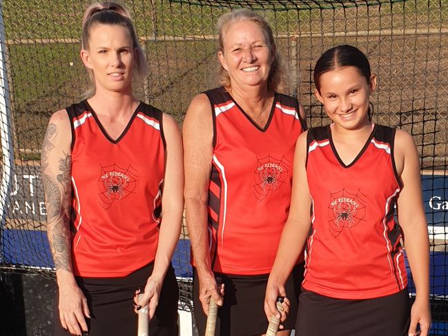 Three generations of the Miller and Casimiro families will be in action when the Darwin Hockey League grand finals are decided this week. From left,  Shana Casimiro, Viki Miller and Niesha Casimiro.