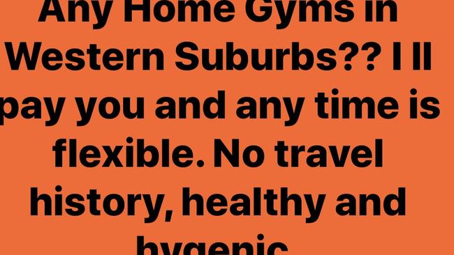 Gym junkies are desperate to use home gym equipment. Photo: Facebook