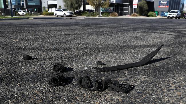 Burnout marks and remains of a car tyres on Harrick Rd, Keilor Park. Picture: David Crosling