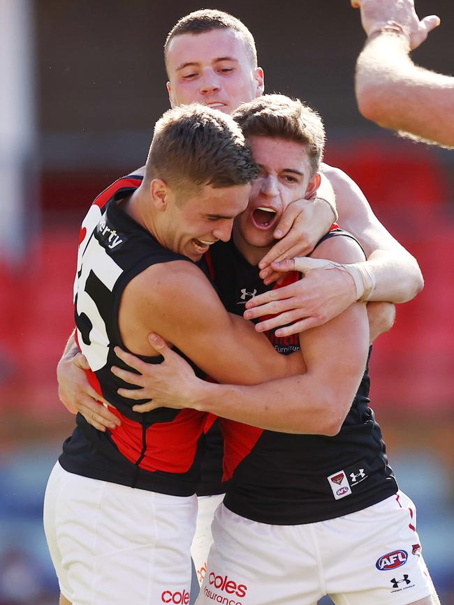 Brayden Ham celebrates a goal with Matt Guelfi. Picture: Michael Klein