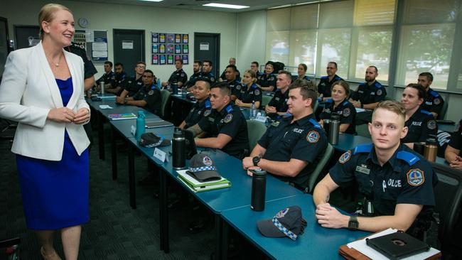 Police Minister Nicole Manison with new trainee officers at the Peter McCaulay Centre. Picture: Glenn Campbell