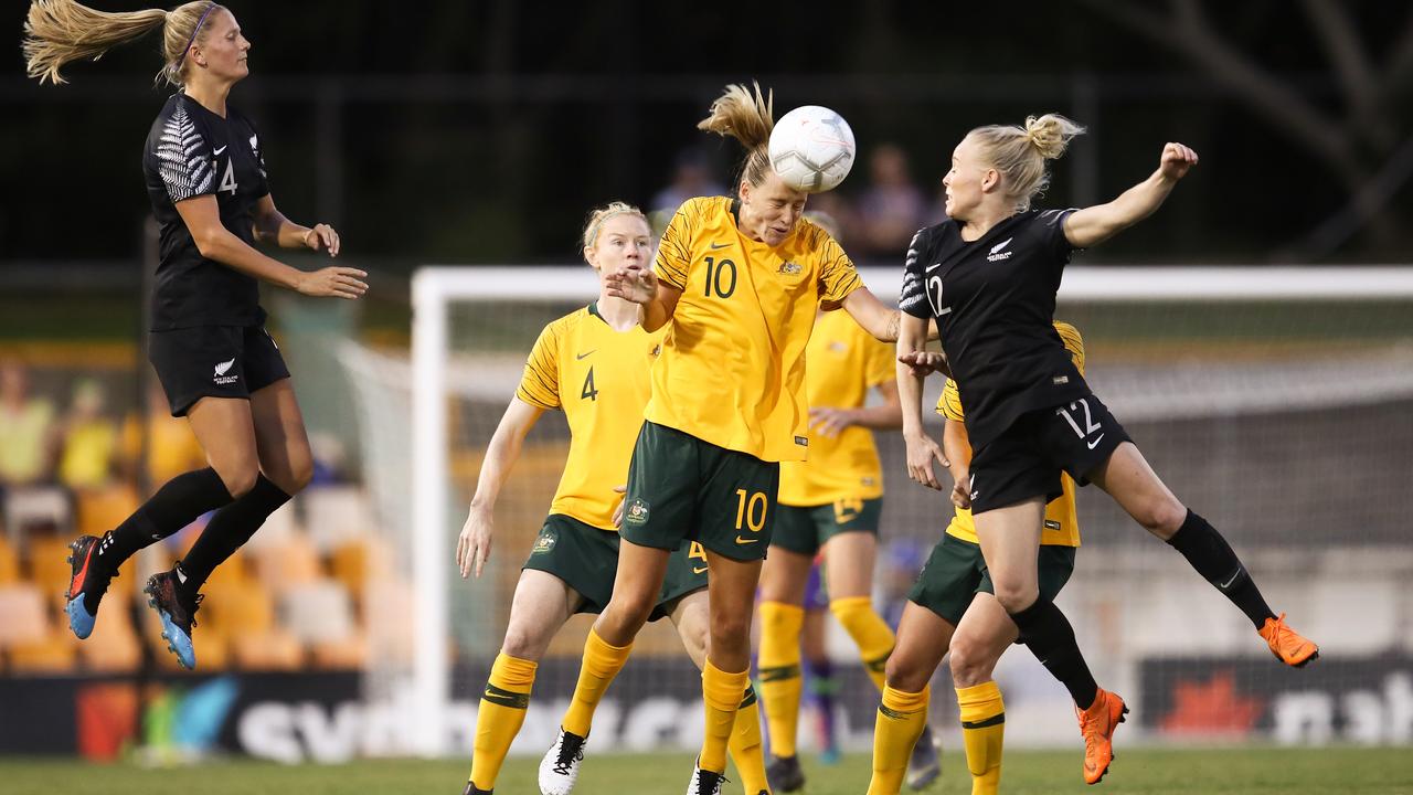 Emily Van Egmond of Australia heads the ball during the Cup of Nations match between Australia and New Zealand in Sydney on February 28, 2019. Picture: AAP