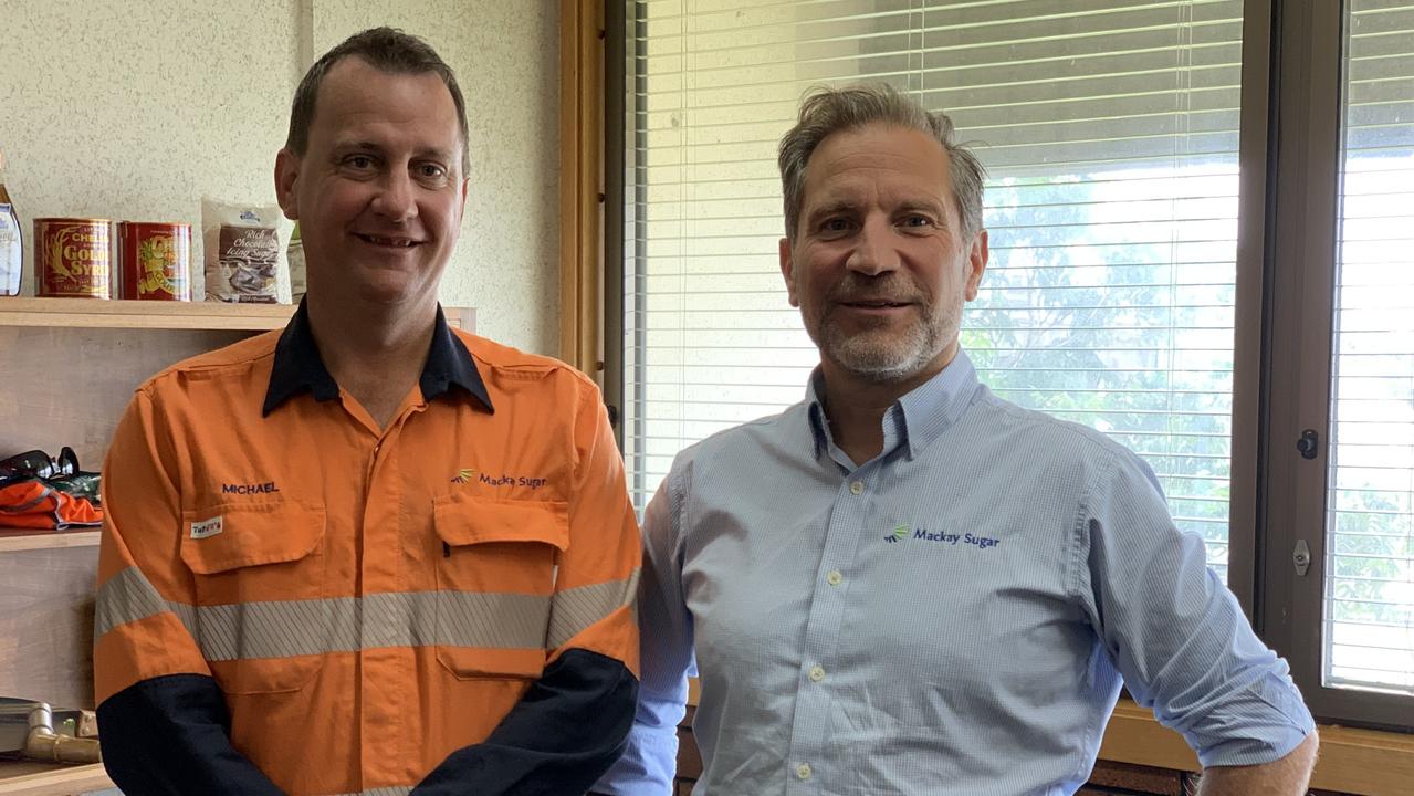 Electricity engineer Michael O'Hara (left) and Mackay Sugar CEO Jannik Olejas at the Racecourse Mill. Picture: Duncan Evans