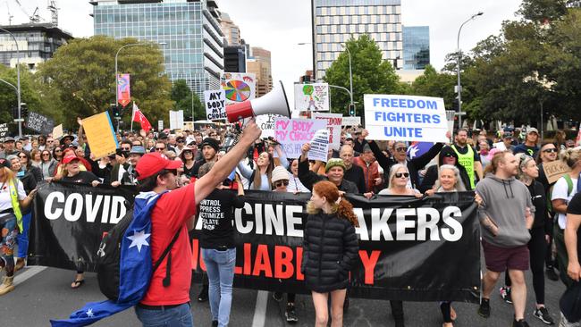 People at the ‘Freedom Rally’ march in Adelaide on Saturday. Picture: Keryn Stevens