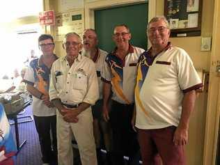 TOP DAY: Rainer Marschall, Lindsay Payne, Alf Edwards, Brian Dobie and Alex Barsby enjoy Eidsvold Bowls Club's famous Road Kill Day.