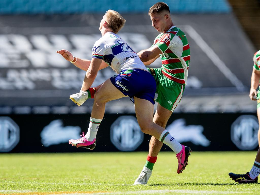 Lachlan Ilias was hit while kicking during the Rabbitohs' NSW Cup game against the Warriors. Credit: NRL Photos