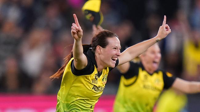 Megan Schutt celebrates the last wicket in Australia’s T20 World Cup win.