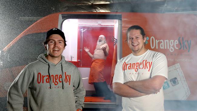 Orange Sky Laundry founders Nic Marchesi with Lucas Patchett with their shower van.