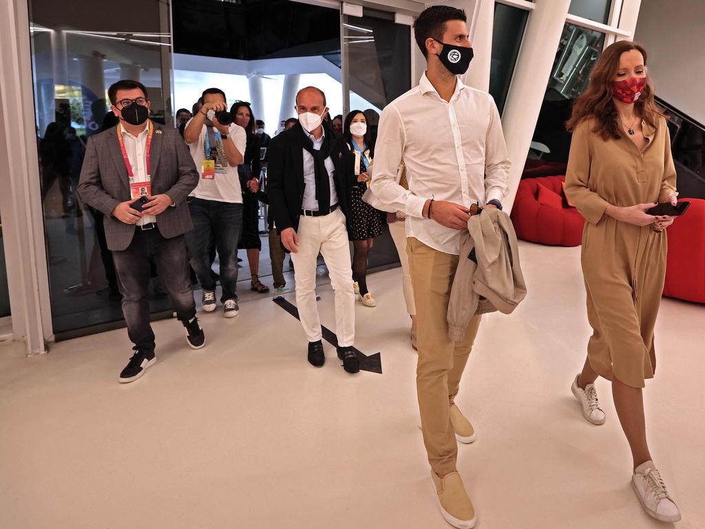 Novak Djokovic and his wife Jelena visited the Serbian pavilion at the Expo 2020 in Dubai ahead of his return to tennis next week. Picture: AFP