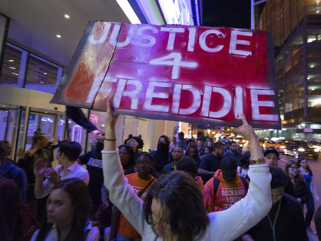 Protests ... People march on the west side of Manhattan to protest the death of Freddie Gray, a Baltimore man who was critically injured in police custody. Picture: AP