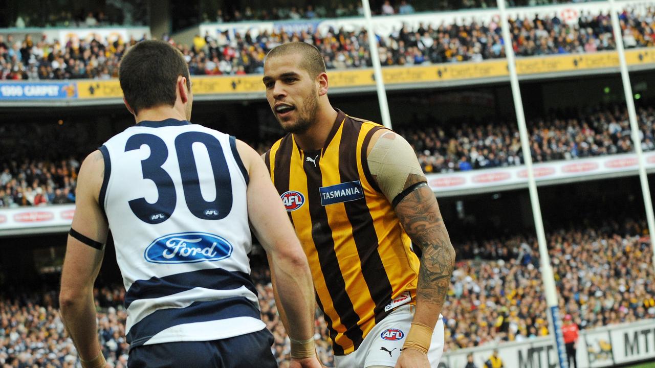 Matthew Scarlett goes head to head with Lance Franklin when the forward was at Hawthorn.