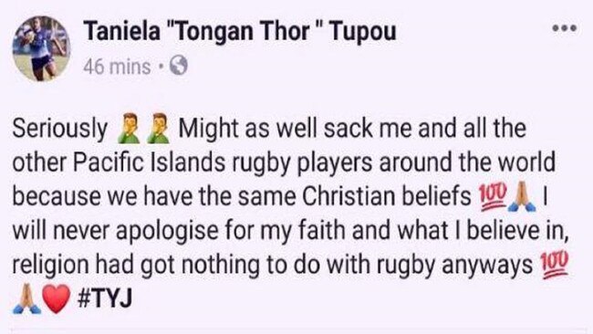 Taniela Tupou weighed in on the debate about religious freedom in rugby.