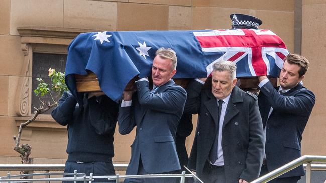 Constable Josh Prestney is farewelled at a funeral in Hawthorn. Picture: Jake Nowakowski