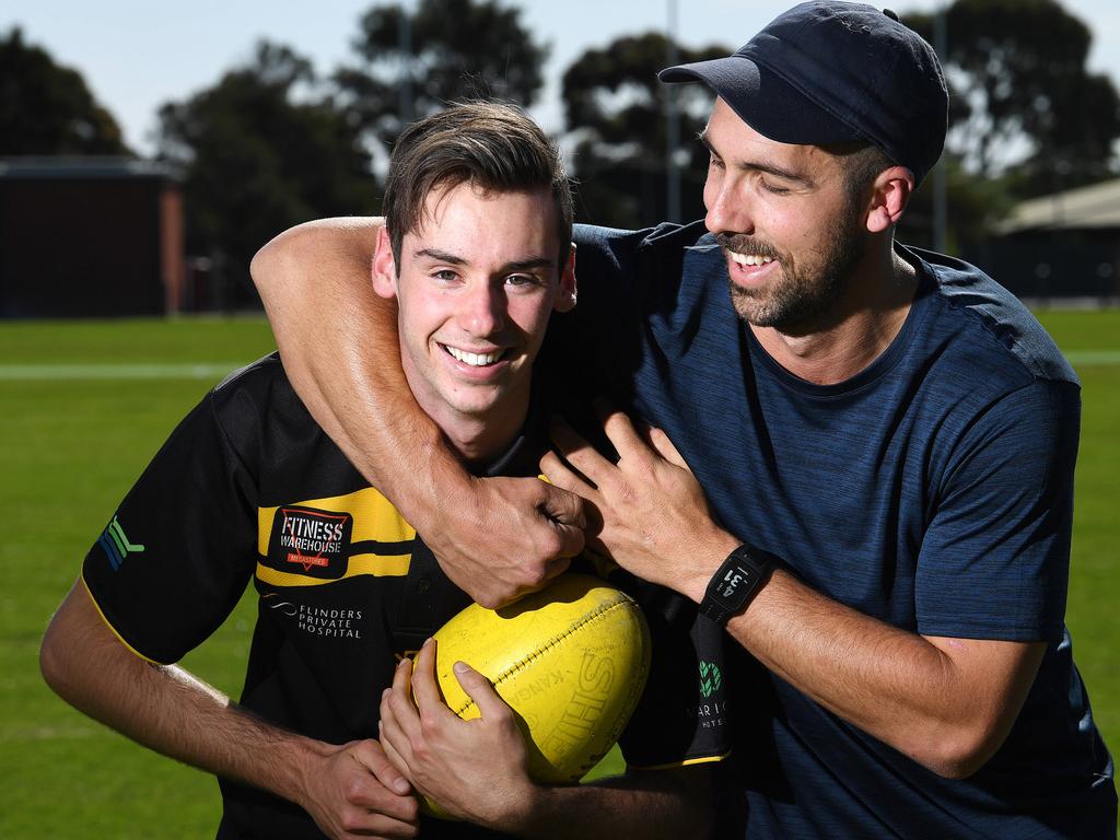 EMBARGOED *** DO NOT USE - SPEAK TO SA PIC DESK FIRST ON 08 8206 2316 OR ANDREW CAPEL *** 29/10/19 - SA AFL Draft prospect Callum Park with his step brother Scott Bricknell. Picture: Tom Huntley