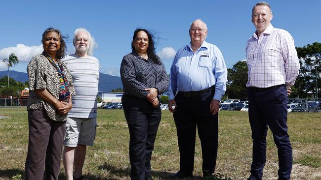 Indigenous elders Henrietta Marrie and Adrian Marrie, Cairns Health and Hinterland Health Service (CHHHS) CEO Leena Singh, CHHHS Chairman Clive Skarrott and James Cook University (JCU) vice chancellor Simon Biggs on the site of the Dugurrdja Precinct, the traditional name for the Far North Queensland Health and Innovation Precinct. Picture: Brendan Radke