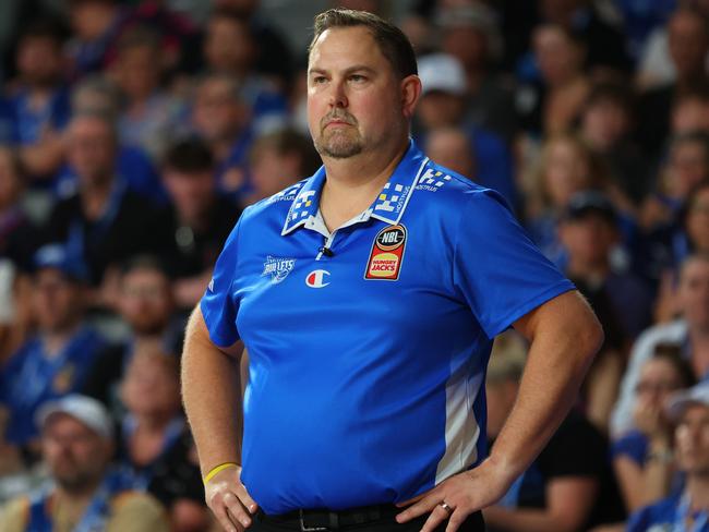 BRISBANE, AUSTRALIA - DECEMBER 27: Bullets coach Justin Schueller during the round 12 NBL match between Brisbane Bullets and New Zealand Breakers at Nissan Arena, on December 27, 2023, in Brisbane, Australia. (Photo by Chris Hyde/Getty Images)