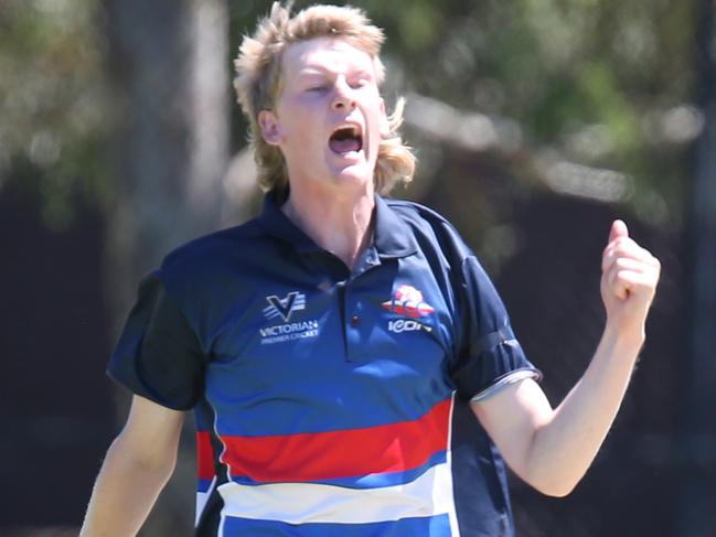 Premier cricket: Footscray v Geelong at Footscray.Footscray bowler Max Birthisel celebrates caught and bowled of Geelong batsman Hayden ButterworthPicture: Mark Wilson