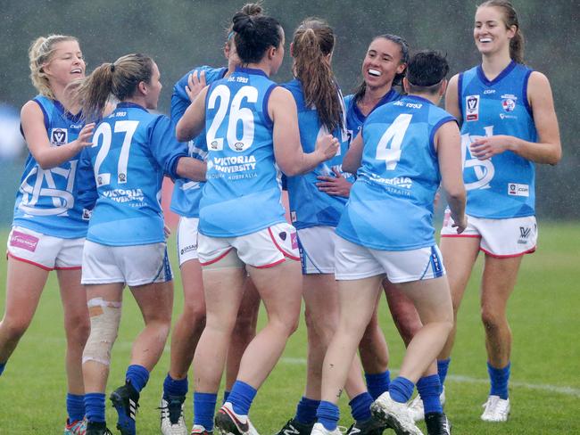 VFL Women's: Cranbourne v VU Western Spurs at Frenken Home Oval, Cranbourne East.   VU Western Spurs celebrate first goal of the game. Picture: Sarah Matray