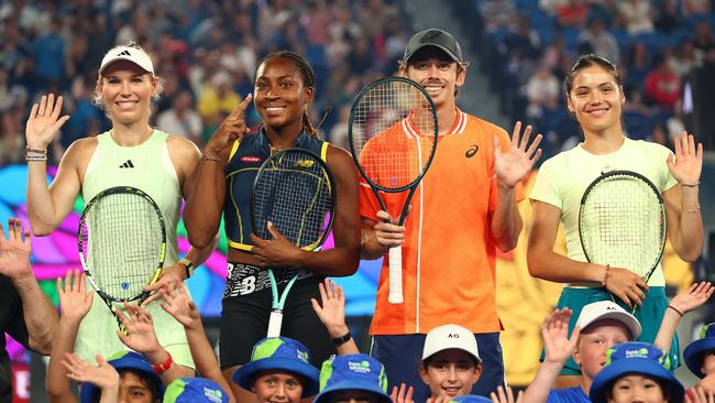 Caroline Wozniacki, Coco Gauff, Alex de Minaur and Emma Raducanu of Great Britain at the 2024 Australian Open. (Photo by Graham Denholm/Getty Images)