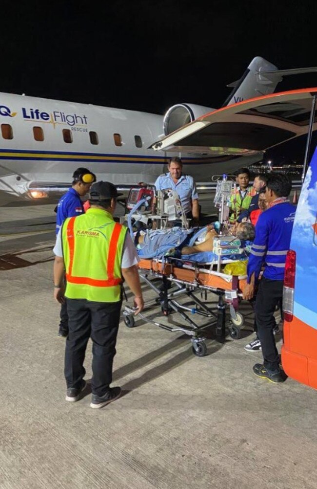 A critical injured man being transported from Bali on a LifeFlight jet. Picture: Supplied