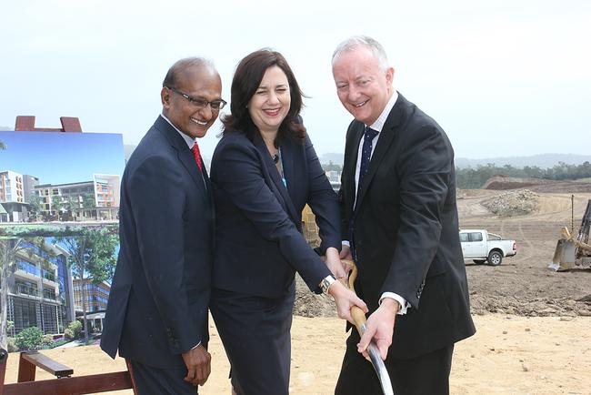 Springfield Land Corporation Founder and Chairman Maha Sinnathamby, Queensland Premier Annastacia Palaszczuk and Aveo Group CEO Geoff Grady. Picture: Contributed