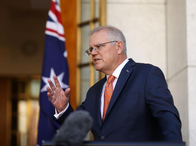 Prime Minister Scott Morrison announcing the government would adopt all recommendations of the Respect@Work report at Parliament House. Picture: NCA NewsWire/Gary Ramage