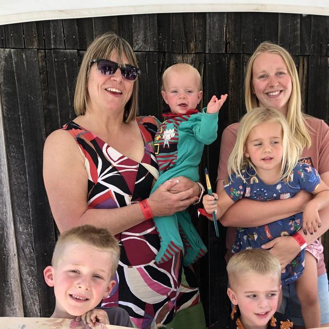 Ellie Trist with her mother Jayne Drury, holding grandson Reid. Ellie is holding her daughter Lila Trist, standing with them are brothers Archie and Lucas Trist. Picture: Julieanne Strachan