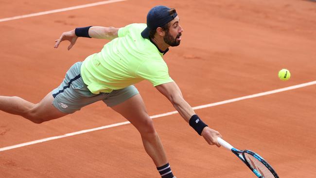 PARIS, FRANCE - MAY 26: Jordan Thompson of Australia plays a forehand against Maximilian Marterer of Germany on Day One of the 2024 French Open at Roland Garros on May 26, 2024 in Paris, France. (Photo by Dan Istitene/Getty Images)