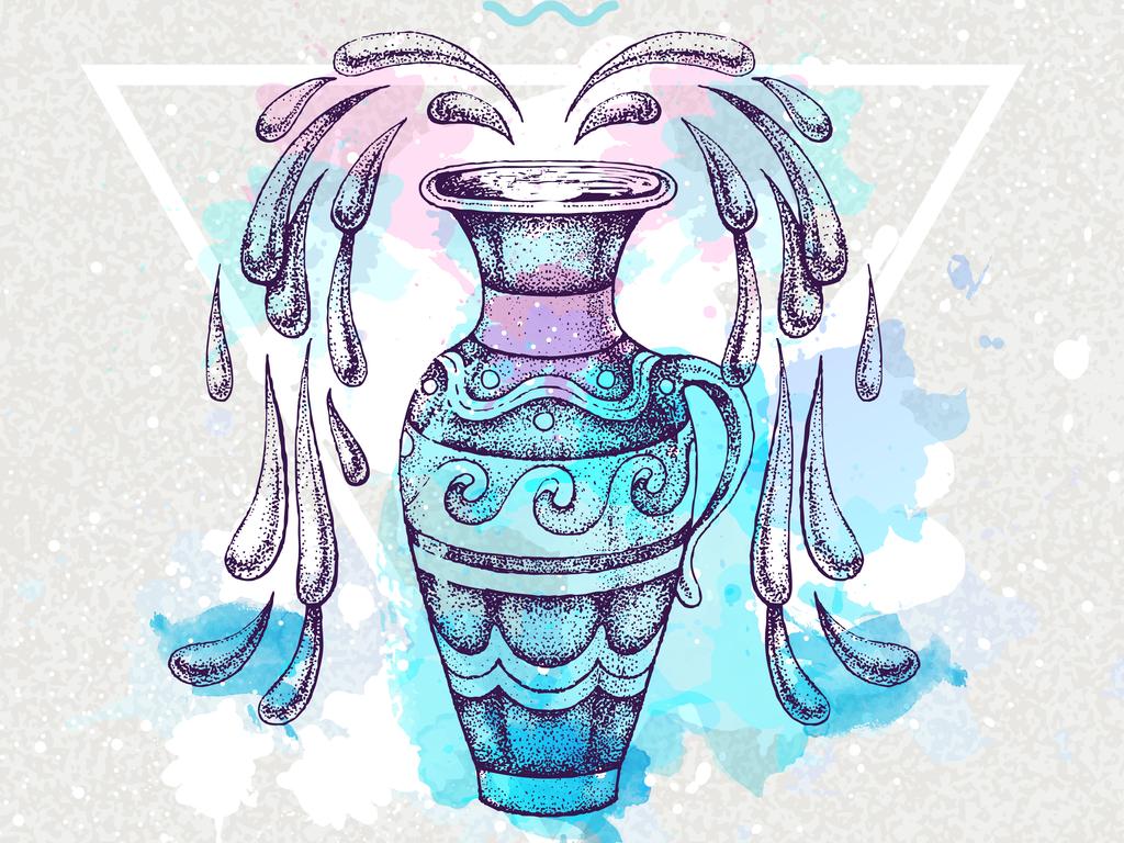 Modern magic witchcraft card with astrology Aquarius zodiac sign on artistic watercolor background. Realistic hand drawing water jug illustration.