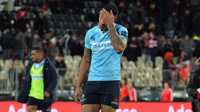 CHRISTCHURCH, NEW ZEALAND - MAY 12: Israel Folau of the Waratahs reacts after the loss in the round 12 Super Rugby match between the Crusaders and the Waratahs at AMI Stadium on May 12, 2018 in Christchurch, New Zealand.  (Photo by Kai Schwoerer/Getty Images)