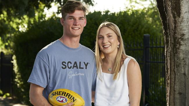 New Port Adelaide defender Sam Skinner and his partner Charlotte Smith. Picture: MATT LOXTON