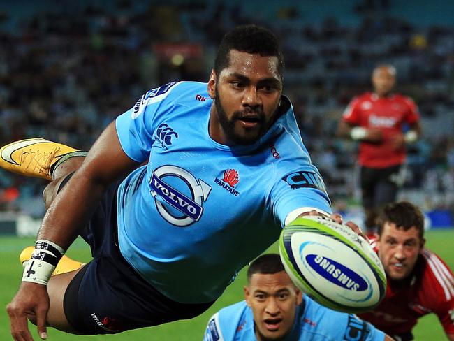 END OF YEAR 2015 NSW Waratahs host the Canterbury Crusaders at ANZ Stadium in the 2015 Super Rugby. Taqele Naiyaravoro scores first Waratahs try. Picture: Sam Ruttyn