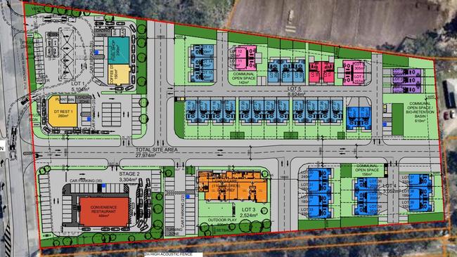 An image showing the site layout for a service station, food and drink outlets, child care centre and townhouses proposed for 415 and 427 Beckett Rd, Bridgeman Downs. Image: Brisbane City Council pdonline