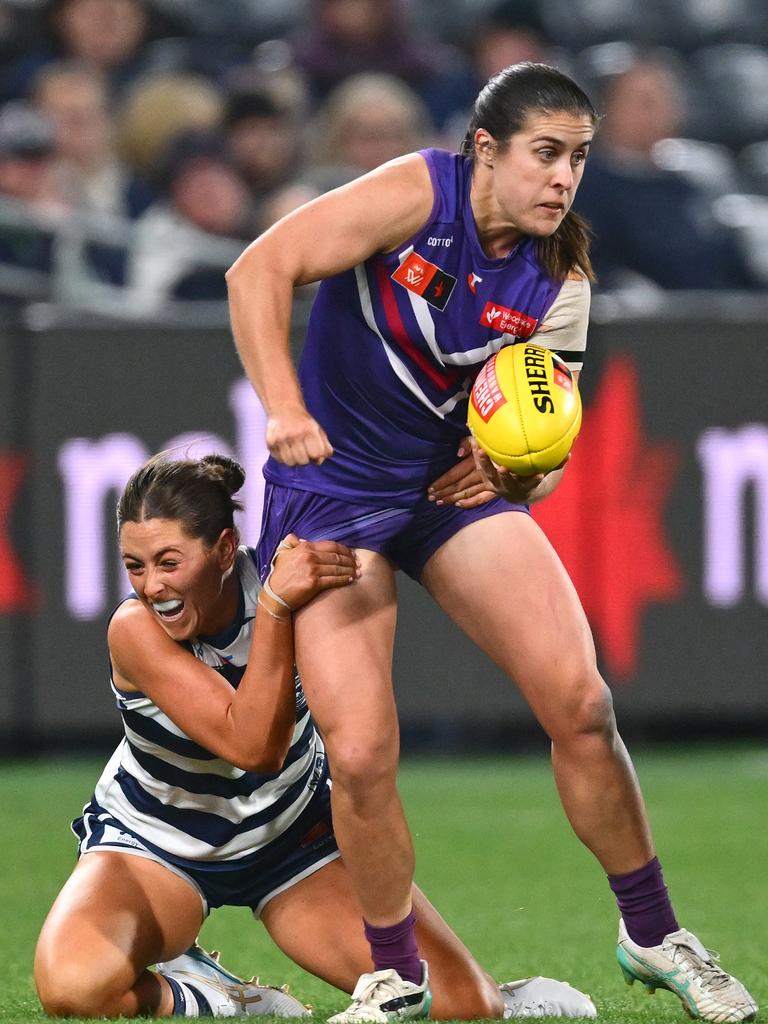 Geelong’s Caitlin Thorne tries to stop Fremantle’s Gabby O’Sullivan in her tracks. Picture: Quinn Rooney/Getty Images