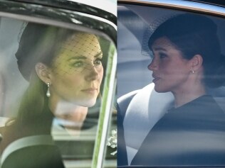Meghan Markle and Kate Middleton travelled in separate cars behind Queen Elizabeth II’s coffin during the procession to Westminster on Wednesday afternoon. Picture: Carl de Souza / Daniel Leal - WPA Pool/Getty Images.