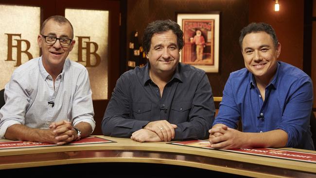 Andy Maher, Mick Molloy and Sam Pang on the set of The Front Bar.