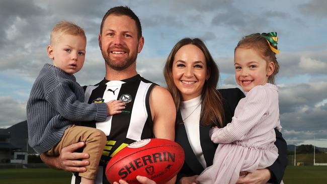 Josh with wife Mikhala and children Jude 3 and Grace 4.  Glenorchy Football Club playing coach Josh Arnold is set to break the Tasmanian State League game record when his plays his 238th game.  Picture: Nikki Davis-Jones