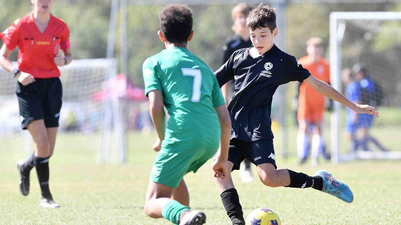 Football Queensland Community Cup carnival, Maroochydore. U13 boys, Sunshine Coast V Metro North. Picture: Patrick Woods.