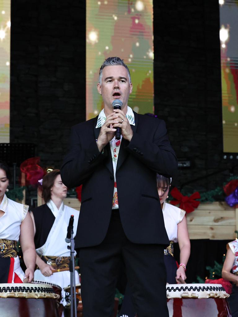 Adrian Strooper and Drum Infinity Japanese drumming group open the Carols in the Park, held at Munro Martin Parklands. Picture: Brendan Radke