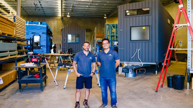 Thiago Perrone and Fabio Paulucci at the Aussie Tiny Houses factory on the Sunshine Coast. Picture: Aussie Tiny Houses.