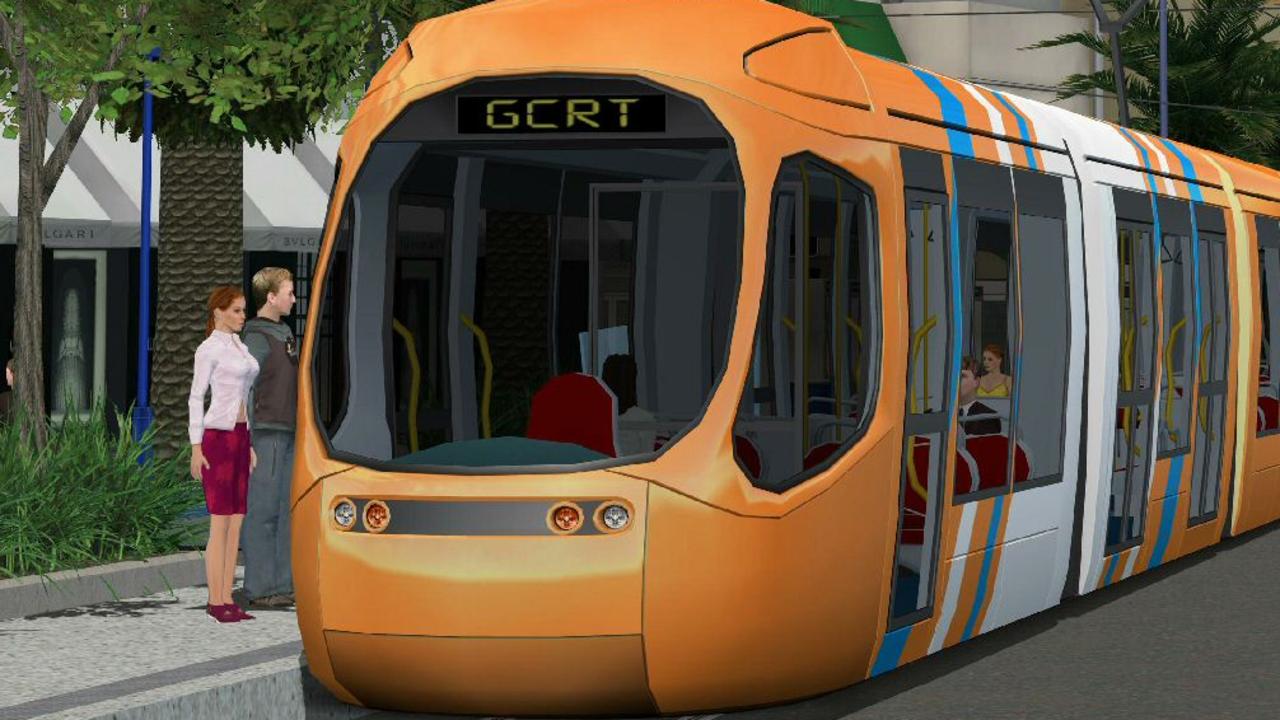 Artist's impression of a light rail Rapid Transit System on the Gold Coast. View looking south along Gold Coast Highway.