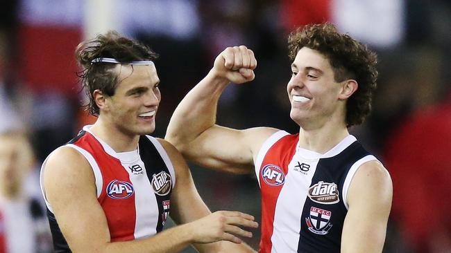 MELBOURNE, AUSTRALIA - JULY 21: First match winner Nick Coffield of the Saints (R) and Hunter Clark of the Saints celebrates the win during the round 18 AFL match between the St Kilda Saints and the Western Bulldogs at Marvel Stadium on July 21, 2019 in Melbourne, Australia. (Photo by Michael Dodge/Getty Images via AFL Photos)