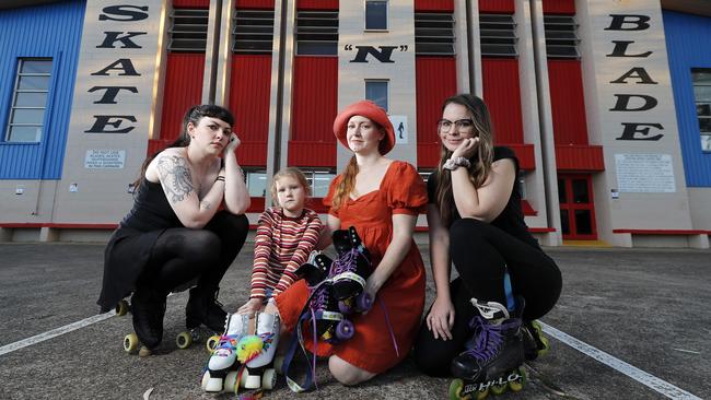 Meredith Dixon, Caitlin Barclay, 7, Amanda Barclay, and Brittany O’Neill pictured outside Stafford Skate Centre. Picture: Josh Woning