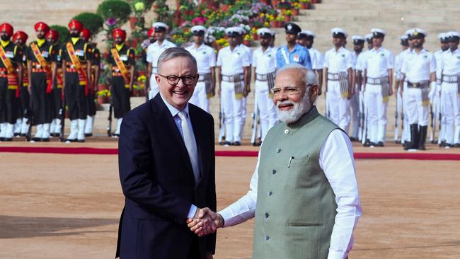 Australian PM Anthony Albanese shakes hands with his Indian counterpart, Narendra Modi, during his ceremonial reception at Rashtrapati Bhavan Presidential Palace, New Delhi. Picture: Reuters