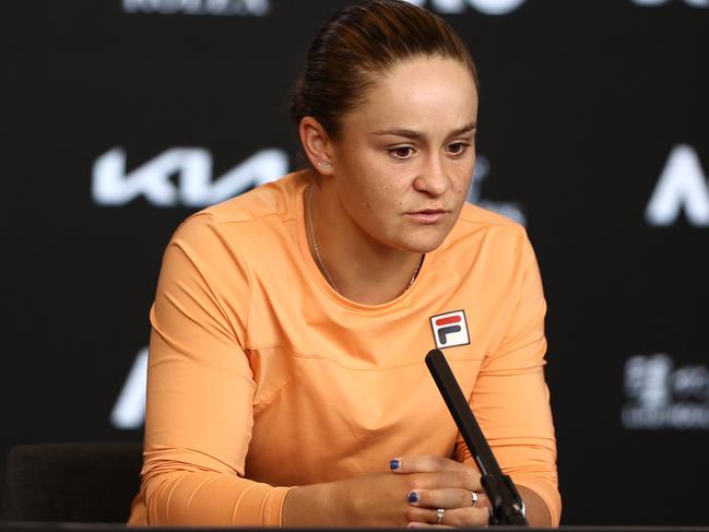 MELBOURNE, AUSTRALIA - FEBRUARY 17:  Ashleigh Barty of Australia talks to the media following her WomenÃ¢â¬â¢s Singles Quarterfinals match against Karolina Muchova of the Czech Republic during day 10 of the 2021 Australian Open at Melbourne Park on February 17, 2021 in Melbourne, Australia. (Photo by Matt King/Getty Images)