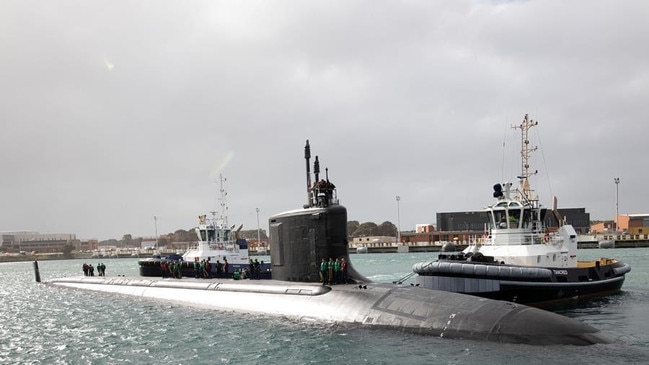 The Virginia-class fast-attack submarine USS Hawaii prepares to moor at HMAS Stirling in Western Australia. Picture: US Navy