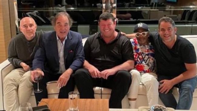 James Packer (centre) in a post with Brett Ratner (far right) in 2023. Also pictured (from left) Argentinian film producer Fernando Sulichin, director Oliver Stone, director Spike Lee.