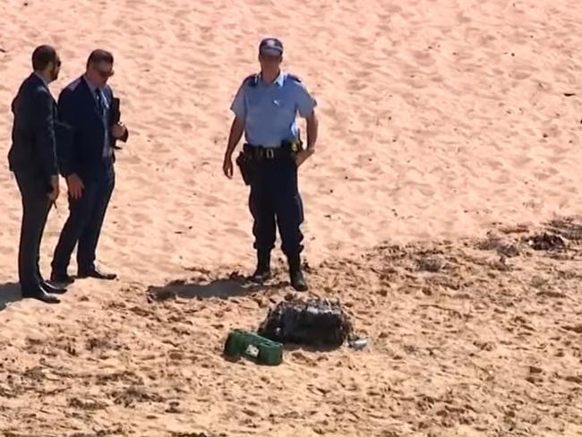 Police investigating after a suspicious package washed up on Sydney's Malabar Beach in March 2021, forcing the council to shut it down. Picture: 7 News