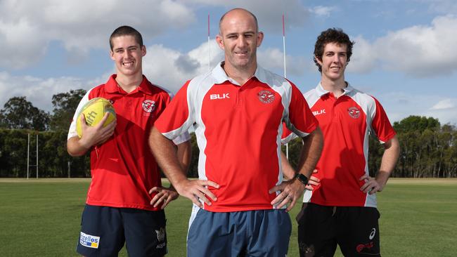 Former Melbourne Storm NRL veteran Matt Geyer with sons Cole (left) and Nash at Currumbin Eagles. Picture: Glenn Hampson